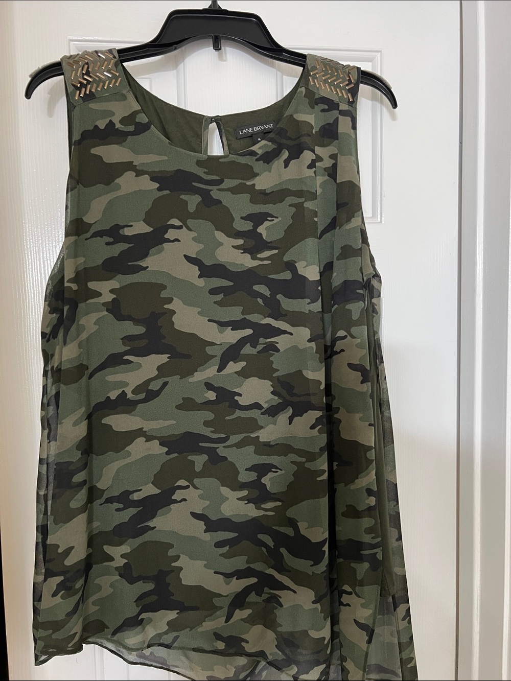 Lane Bryant Olive Green Camo Sleeveless Top with Stud Accents